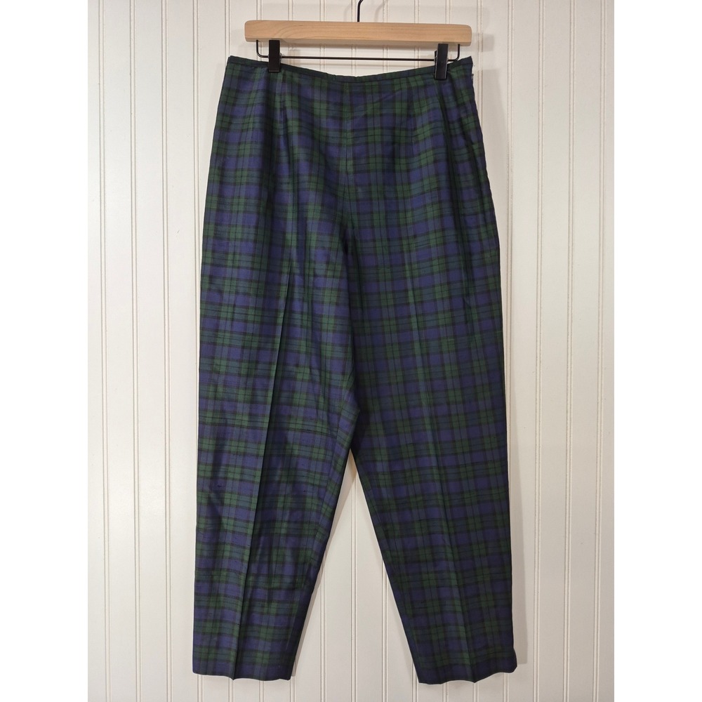 Vintage Talbots 100% Silk Black Watch Plaid Trousers Green Navy Size 12P 31x24